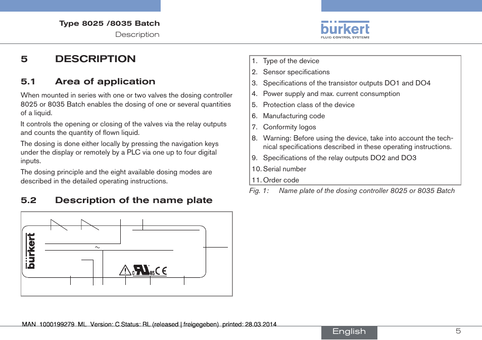 5 description, 5description, 1 area of application | 2 description of the name plate | Burkert Type 8035 User Manual | Page 7 / 176