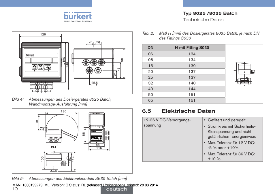 5 elektrische daten, Deutsch | Burkert Type 8035 User Manual | Page 70 / 176