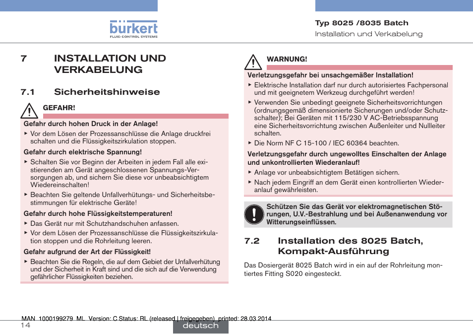 7 installation und verkabelung, 7installation und verkabelung | Burkert Type 8035 User Manual | Page 74 / 176