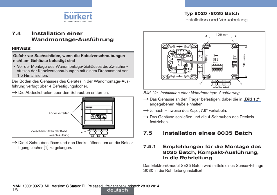 4 installation einer wandmontage-ausführung, Deutsch, Die▶abdeckstreifen▶über▶den▶schrauben▶entfernen | Current source sink, Ao1) supply nc coil puls e input npn/pnp 2 1 3 pe, Bild 12: installation einer wandmontage-ausführung, Je▶nach▶hinweise▶des▶kap. ▶„7.6“ ▶verkabeln | Burkert Type 8035 User Manual | Page 78 / 176