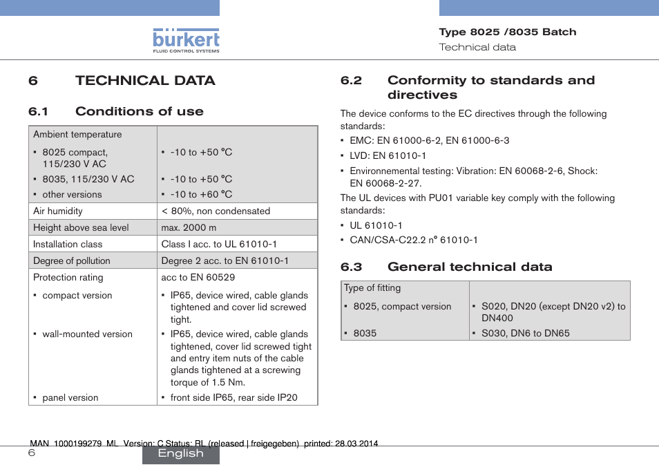 6 technical data, 6technical data | Burkert Type 8035 User Manual | Page 8 / 176
