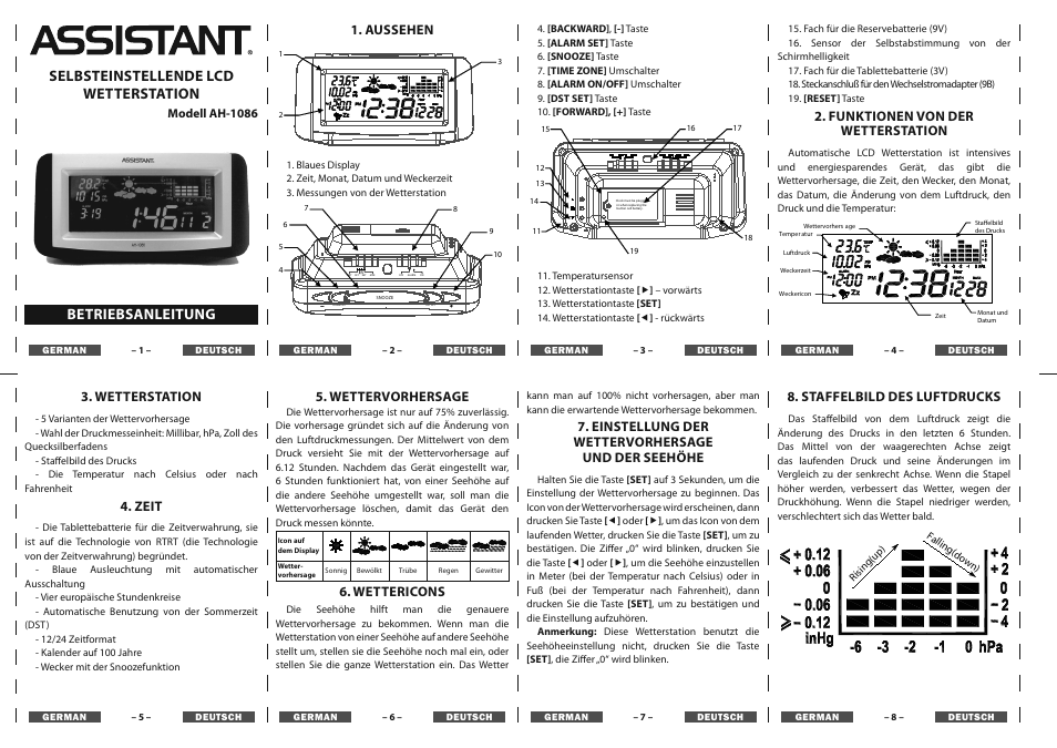 Selbsteinstellende lcd wetterstation, Betriebsanleitung, Aussehen | Funktionen von der wetterstation, Wetterstation, Zeit, Wettervorhersage, Wettericons, Einstellung der wettervorhersage und der seehöhe, Staffelbild des luftdrucks | ASSISTANT AH-1086 User Manual | Page 3 / 8