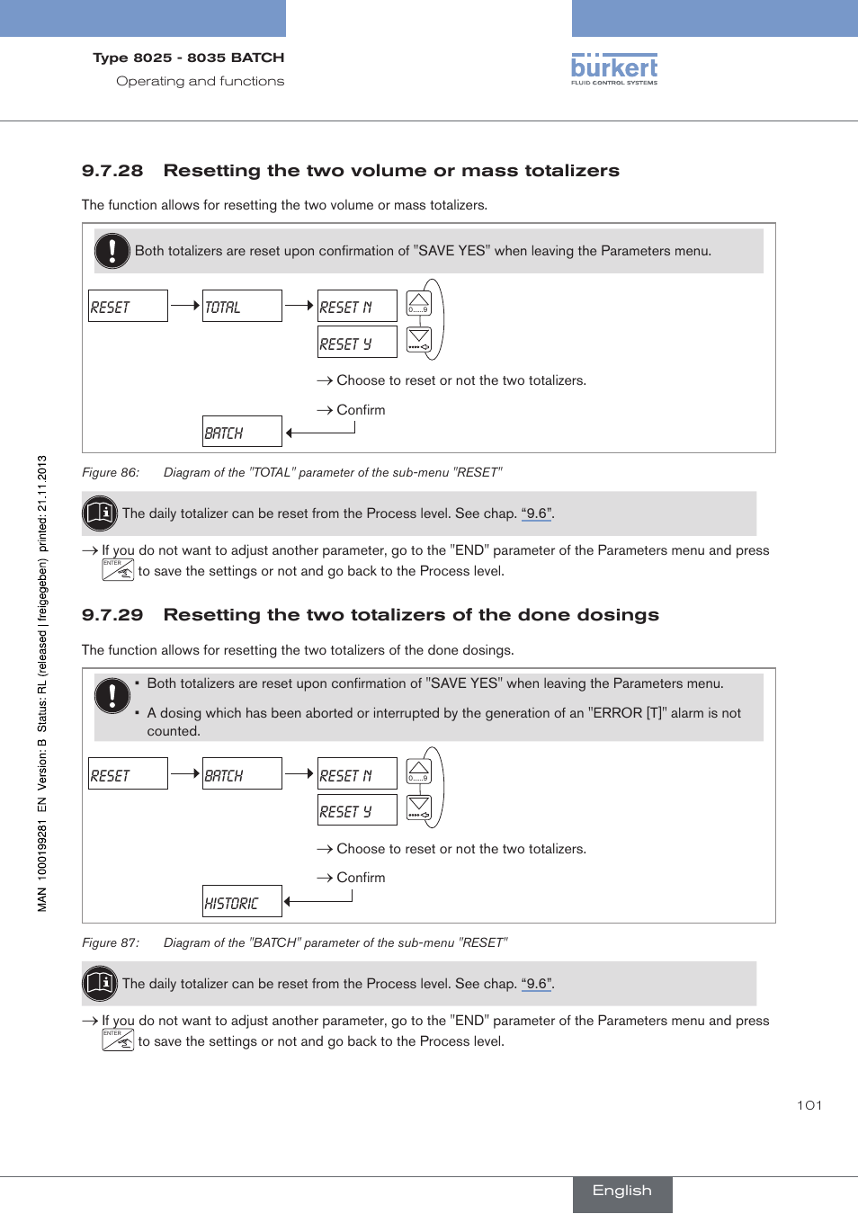 28 resetting the two volume or mass totalizers, Resetting the two volume or mass totalizers, Resetting the two totalizers of the done dosings | Burkert Type 8035 User Manual | Page 103 / 130