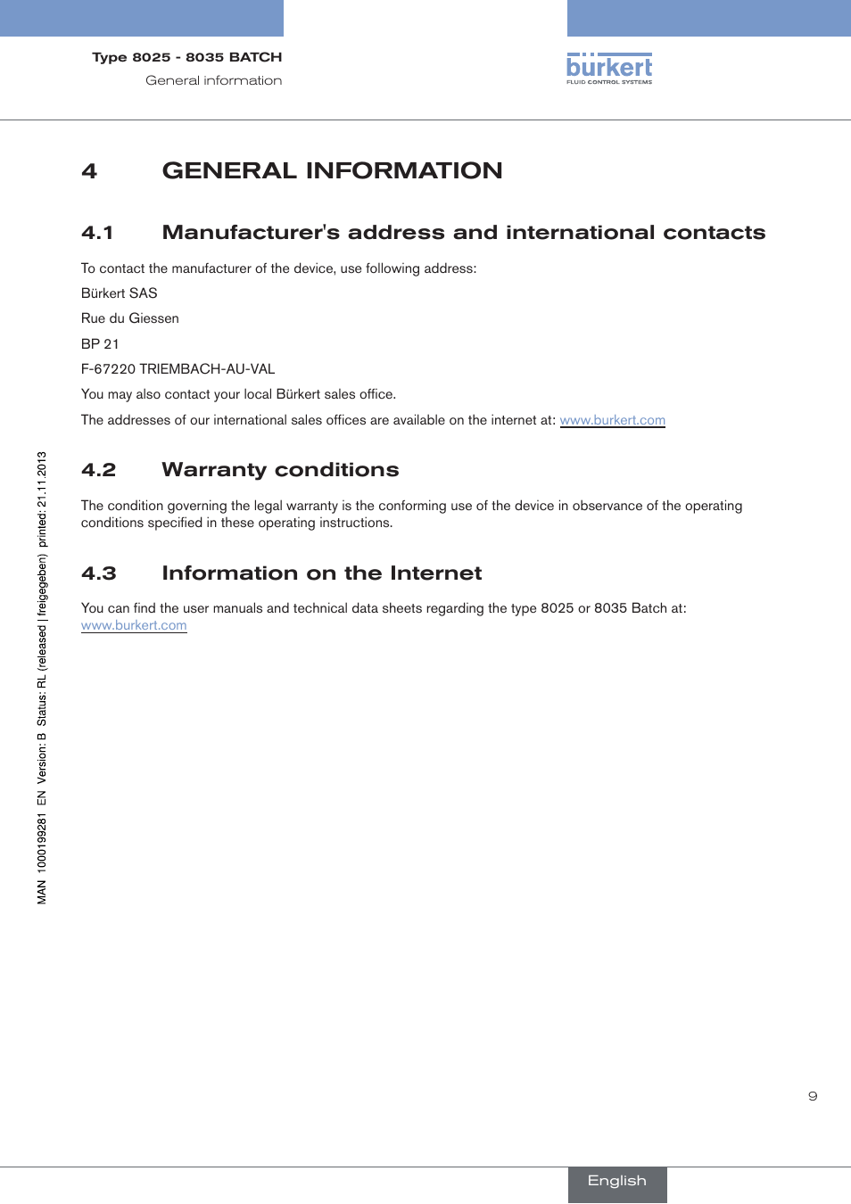 4 general information, 2 warranty conditions, 3 information on the internet | General information, Manufacturer's address and international contacts, Warranty conditions, Information on the internet, 4general information | Burkert Type 8035 User Manual | Page 11 / 130