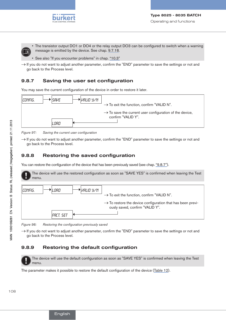 7 saving the user set configuration, 8 restoring the saved configuration, 9 restoring the default configuration | Saving the user set configuration, Restoring the saved configuration, Restoring the default configuration, Figure 7 | Burkert Type 8035 User Manual | Page 110 / 130