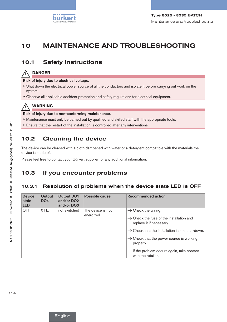 10 maintenance and troubleshooting, 1 safety instructions, 2 cleaning the device | 3 if you encounter problems, Maintenance and troubleshooting | Burkert Type 8035 User Manual | Page 116 / 130