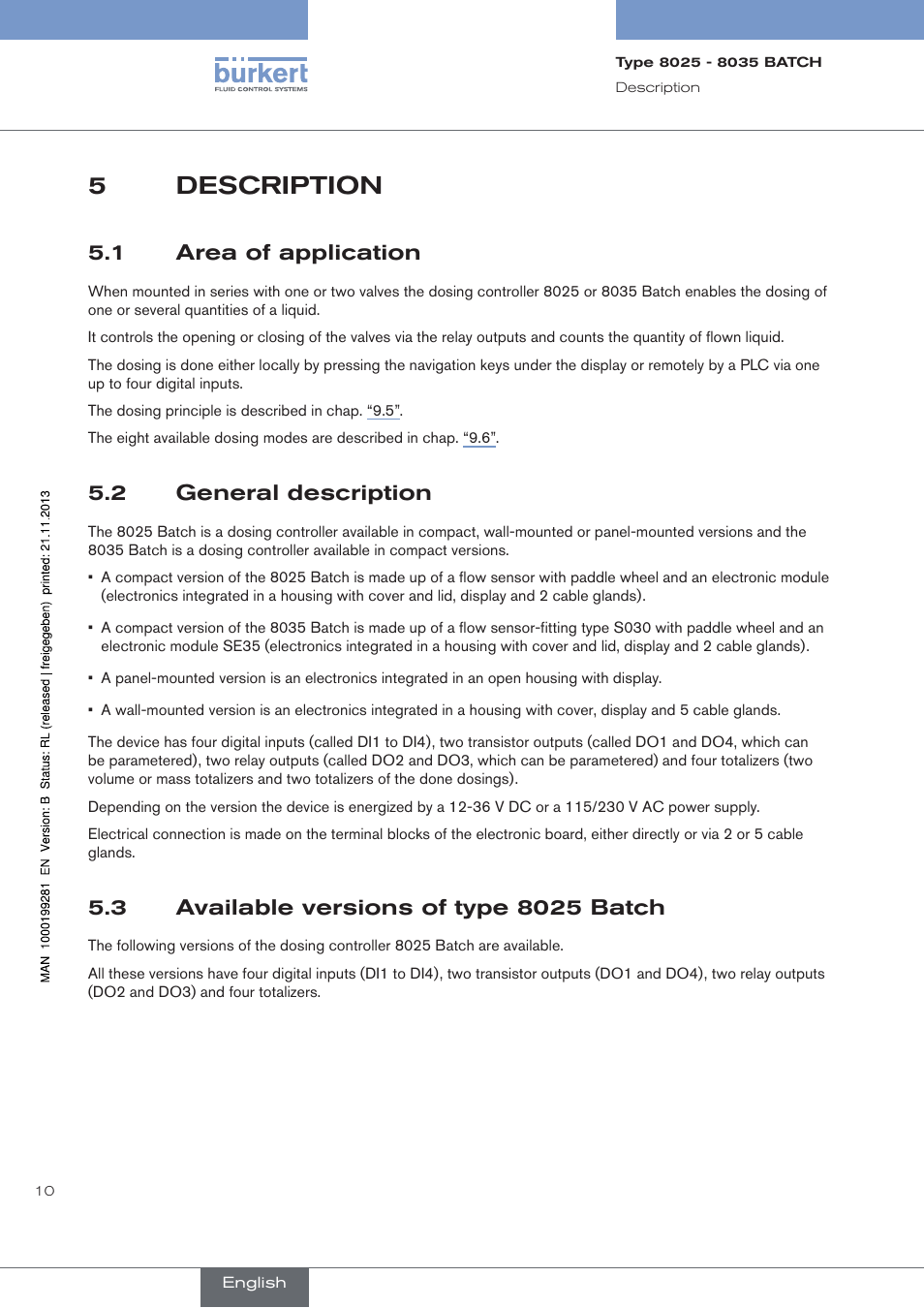 5 description, 1 area of application, 2 general description | 3 available versions of type 8025 batch, Description, Area of application, General description, Available versions of type 8025 batch, 5description | Burkert Type 8035 User Manual | Page 12 / 130