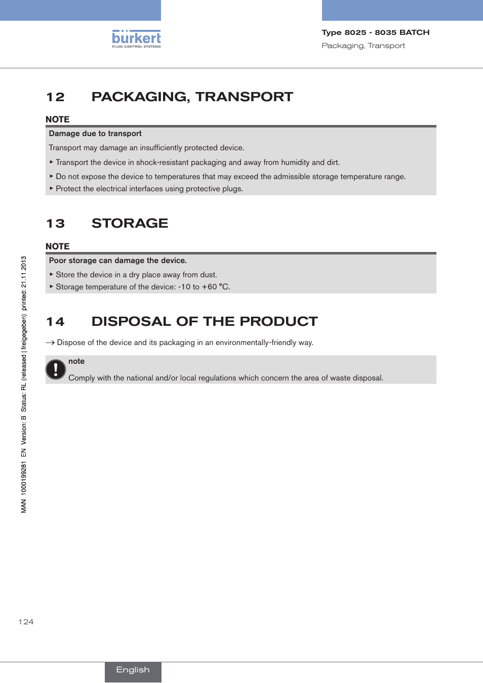 12 packaging, transport, 13 storage, 14 disposal of the product | Packaging, transport, Storage, Disposal of the product | Burkert Type 8035 User Manual | Page 126 / 130