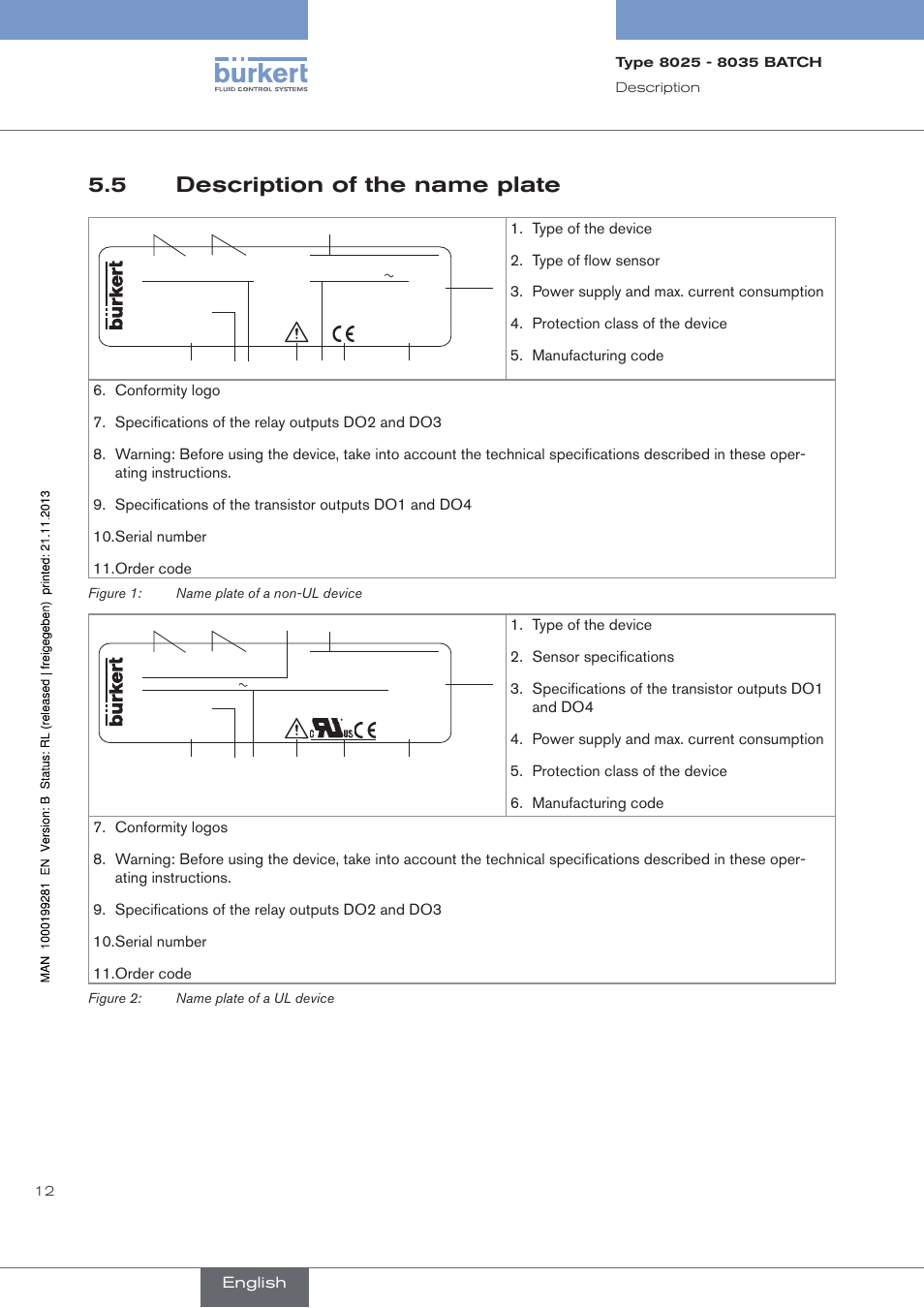 5 description of the name plate, Description of the name plate | Burkert Type 8035 User Manual | Page 14 / 130