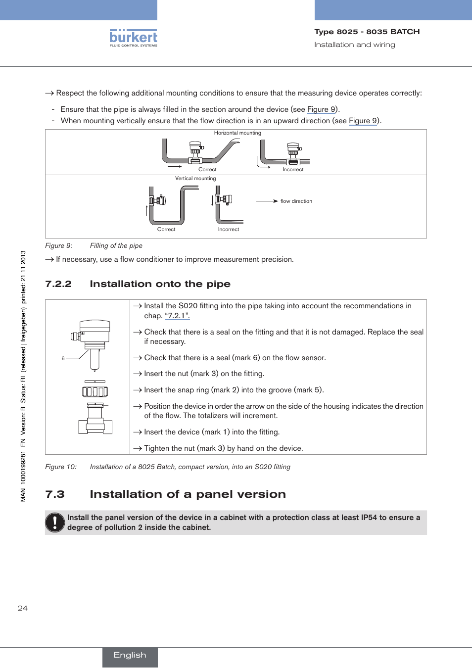 2 installation onto the pipe, 3 installation of a panel version, Installation onto the pipe | Installation of a panel version | Burkert Type 8035 User Manual | Page 26 / 130
