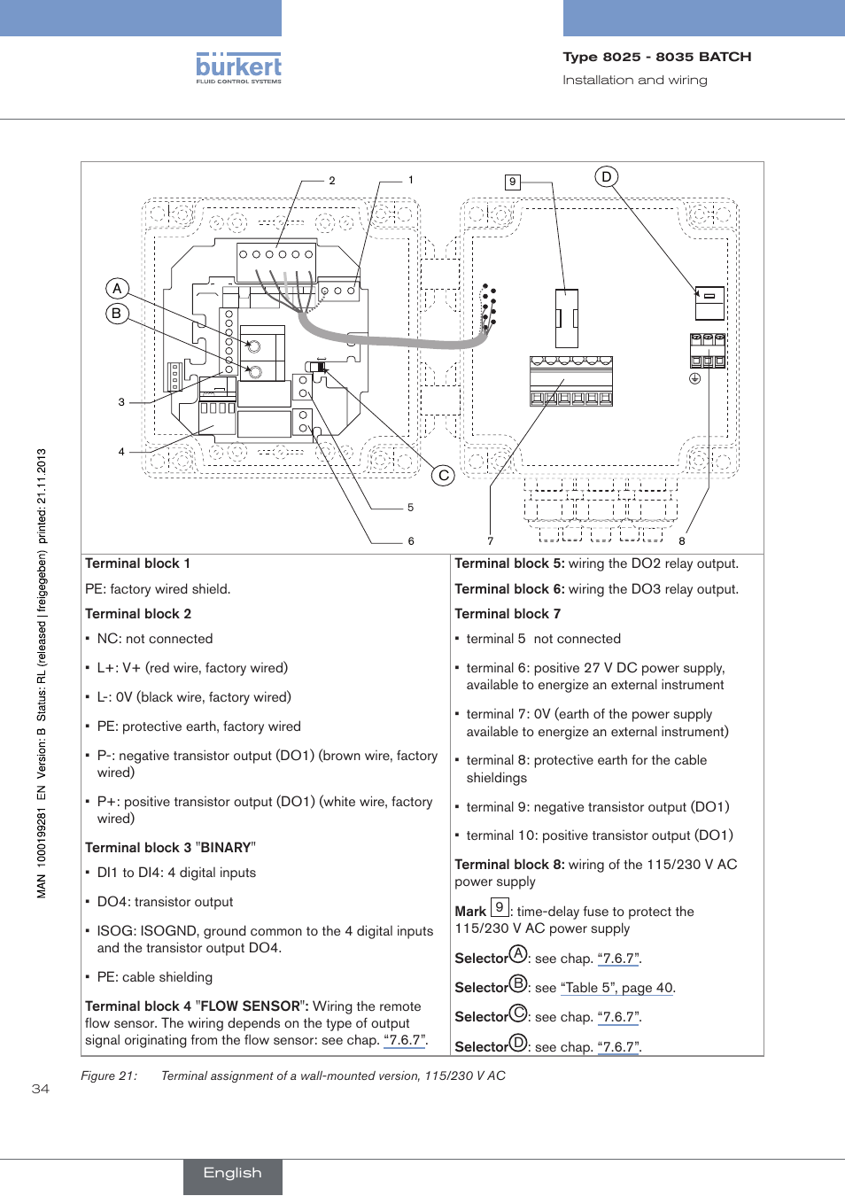 T250 ma, English, 34 installation﻿and﻿wiring | Burkert Type 8035 User Manual | Page 36 / 130
