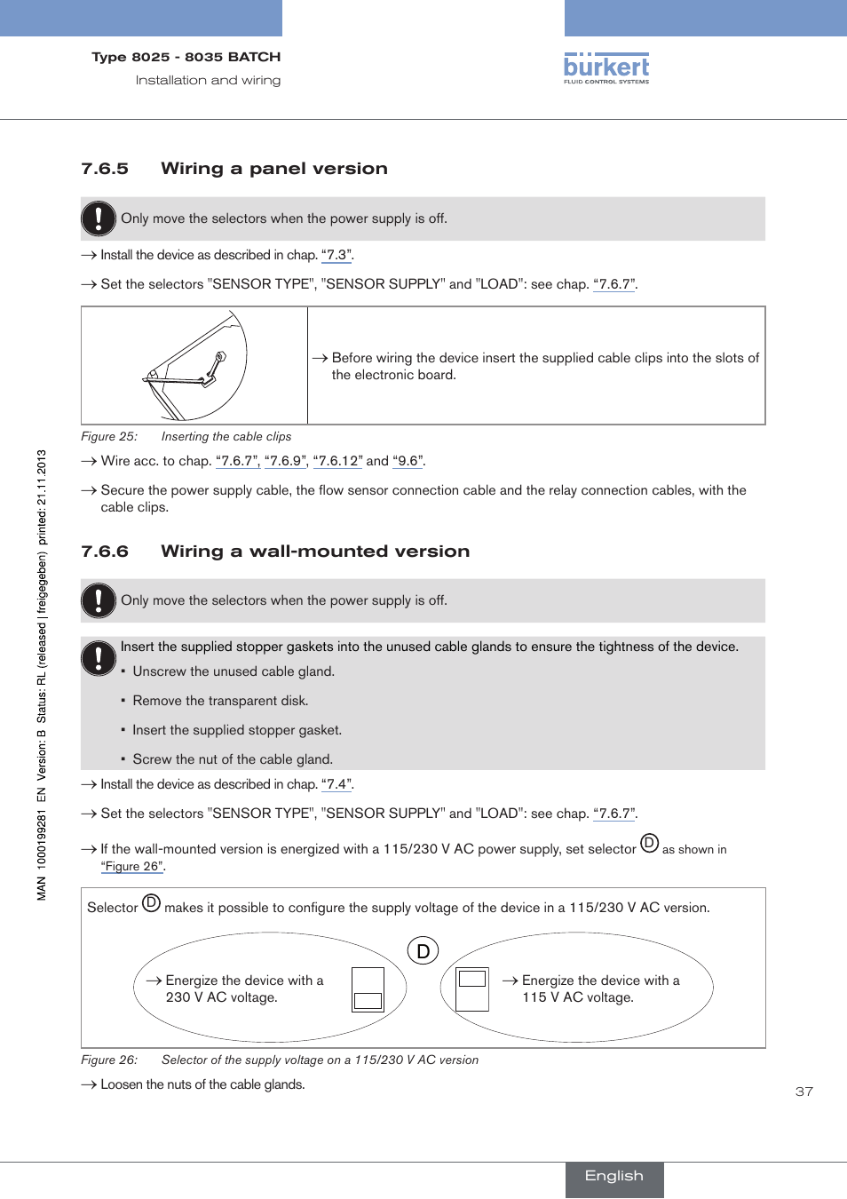 5 wiring a panel version, 6 wiring a wall-mounted version, Wiring a panel version | Wiring a wall-mounted version | Burkert Type 8035 User Manual | Page 39 / 130