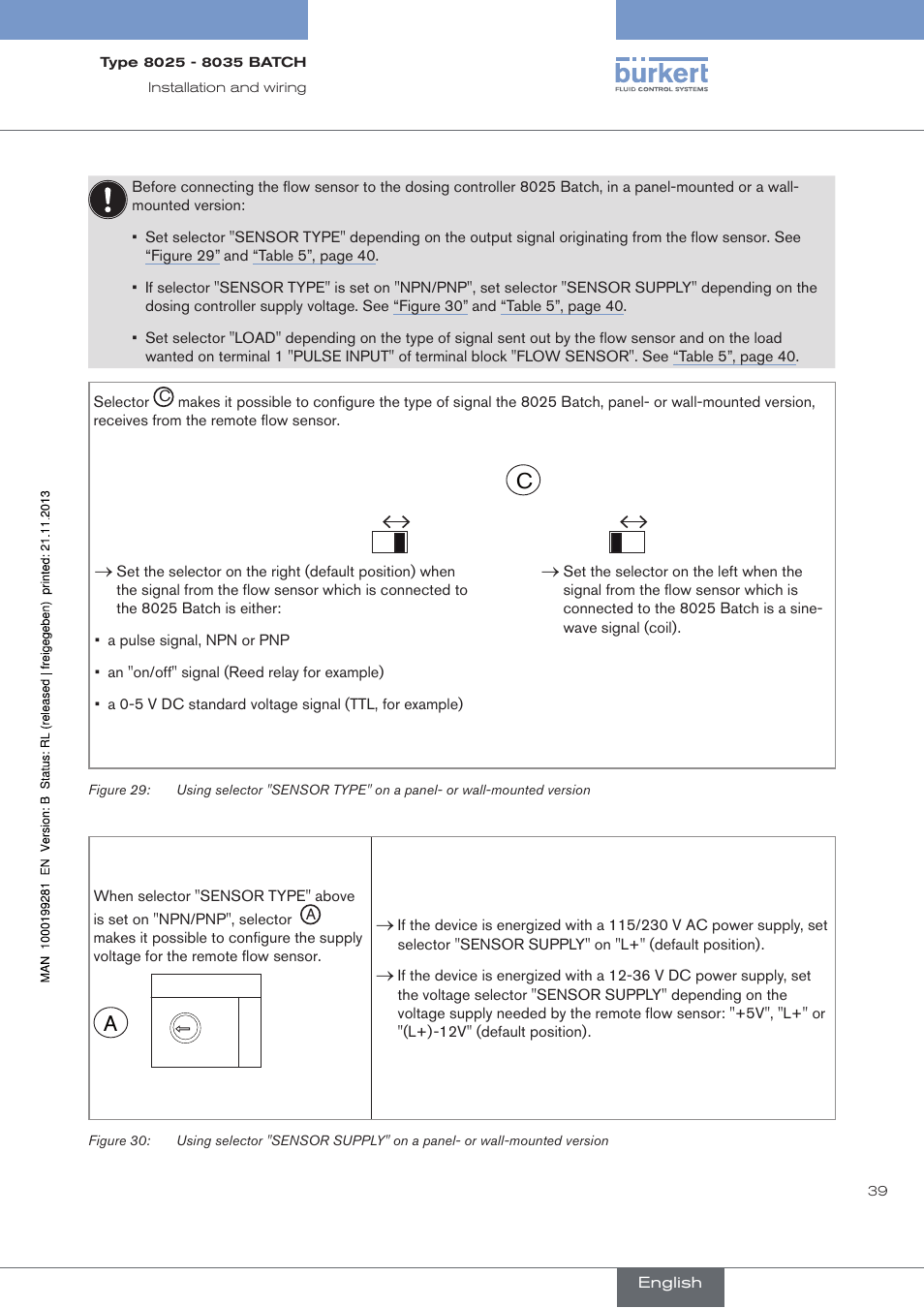 Sensor type | Burkert Type 8035 User Manual | Page 41 / 130