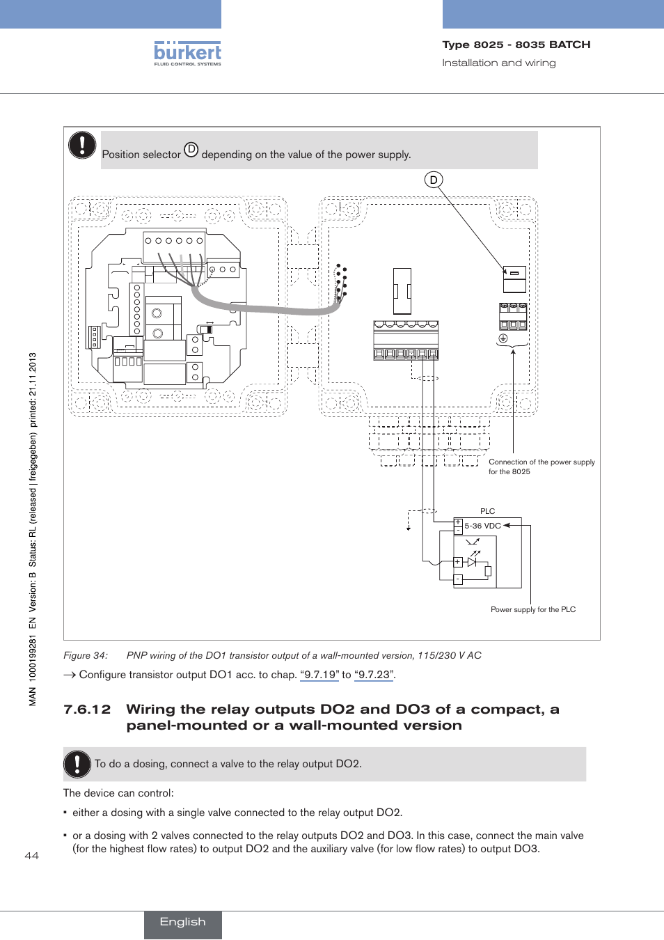 Wall-mounted version, T250 ma, 44 installation﻿and﻿wiring | Burkert Type 8035 User Manual | Page 46 / 130