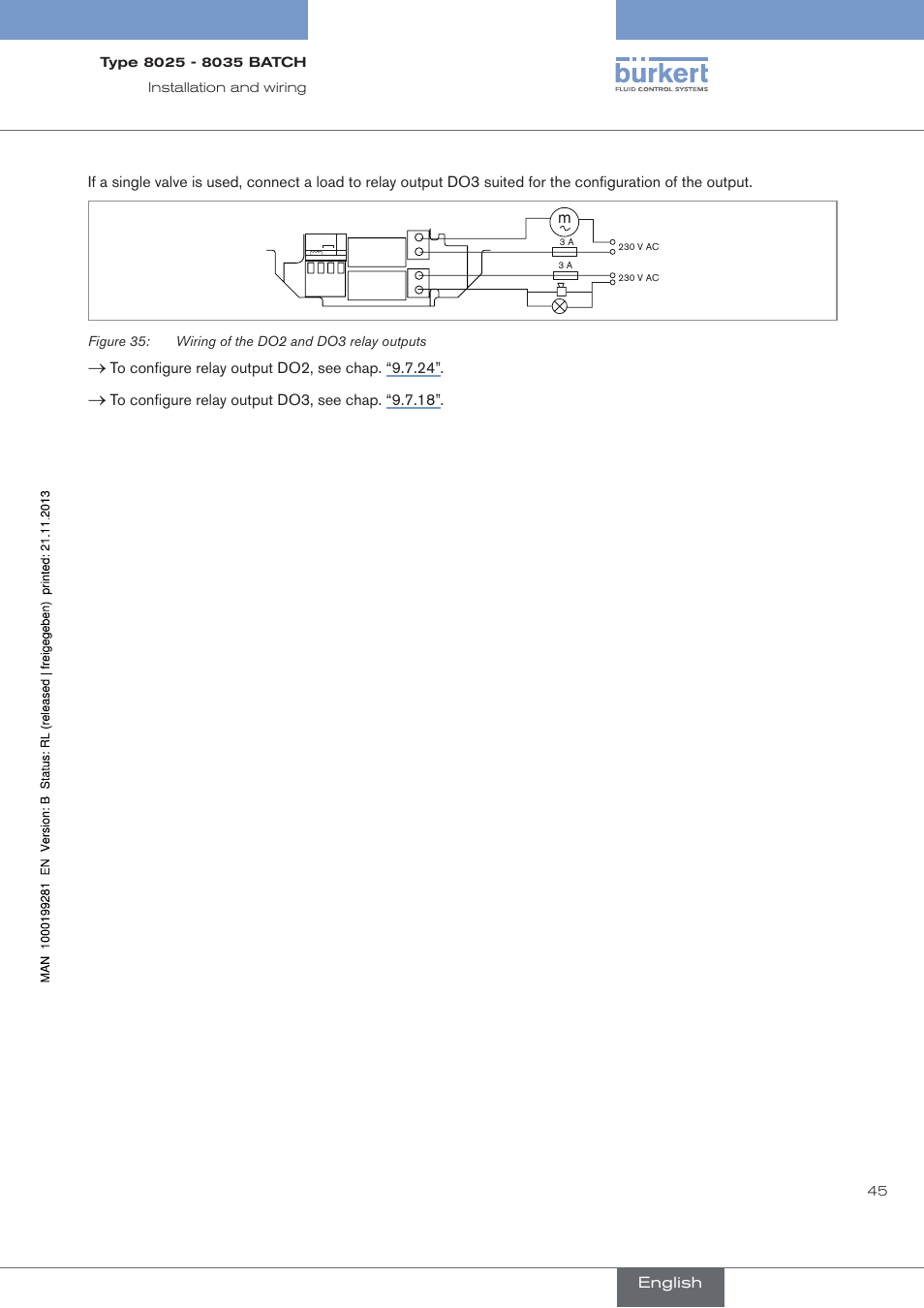 45 installation﻿and﻿wiring, Figure 35: wiring of the do2 and do3 relay outputs | Burkert Type 8035 User Manual | Page 47 / 130
