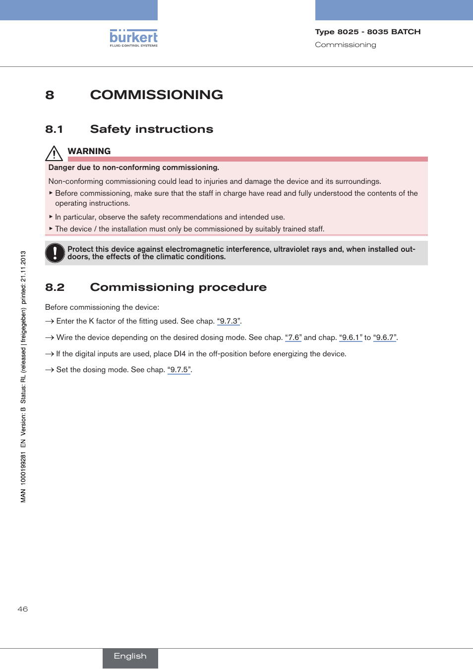8 commissioning, 1 safety instructions, 2 commissioning procedure | Commissioning, Safety instructions, Commissioning procedure, 8commissioning | Burkert Type 8035 User Manual | Page 48 / 130
