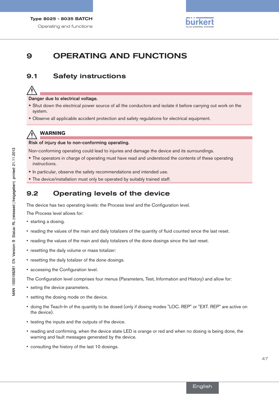 9 operating and functions, 1 safety instructions, 2 operating levels of the device | Operating and functions, Safety instructions, Operating levels of the device, 9operating and functions | Burkert Type 8035 User Manual | Page 49 / 130