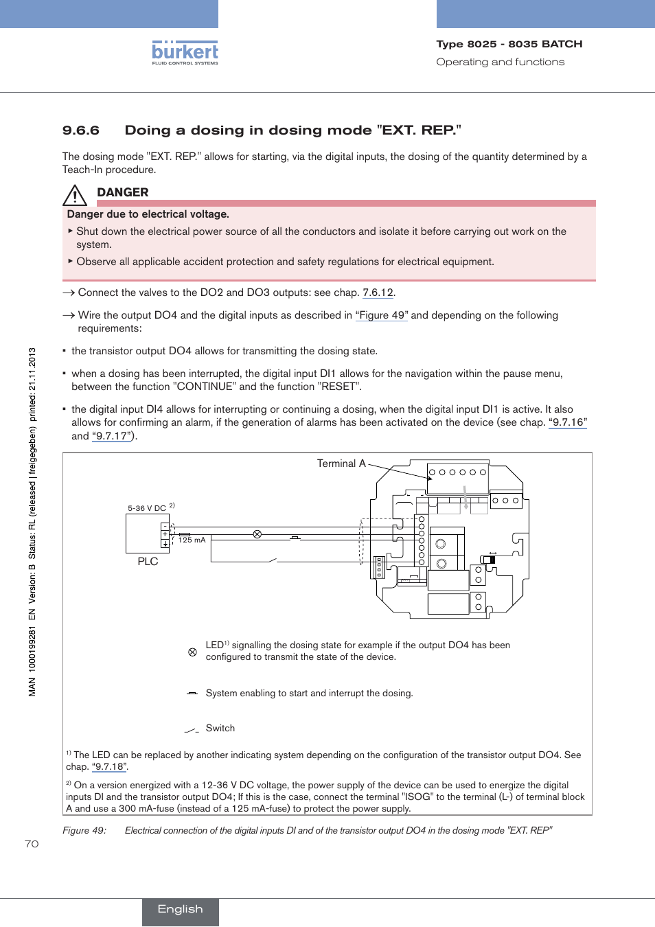 6 doing a dosing in dosing mode "ext. rep, Doing a dosing in dosing mode "ext. rep, Danger | Terminal a plc, English, 70 operating﻿and﻿functions | Burkert Type 8035 User Manual | Page 72 / 130