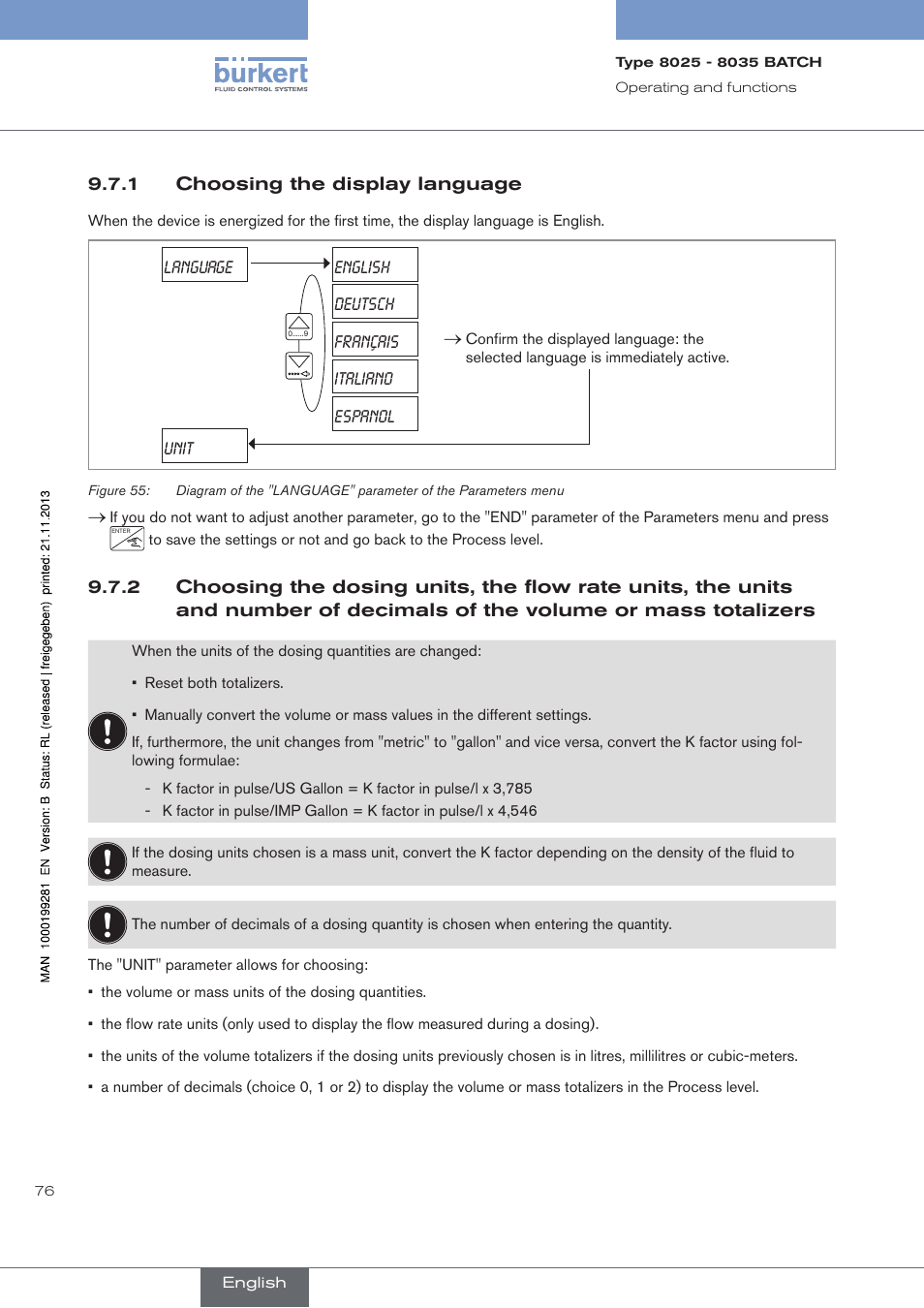 1 choosing the display language, Choosing the display language, Mals of the volume or mass totalizers | Burkert Type 8035 User Manual | Page 78 / 130