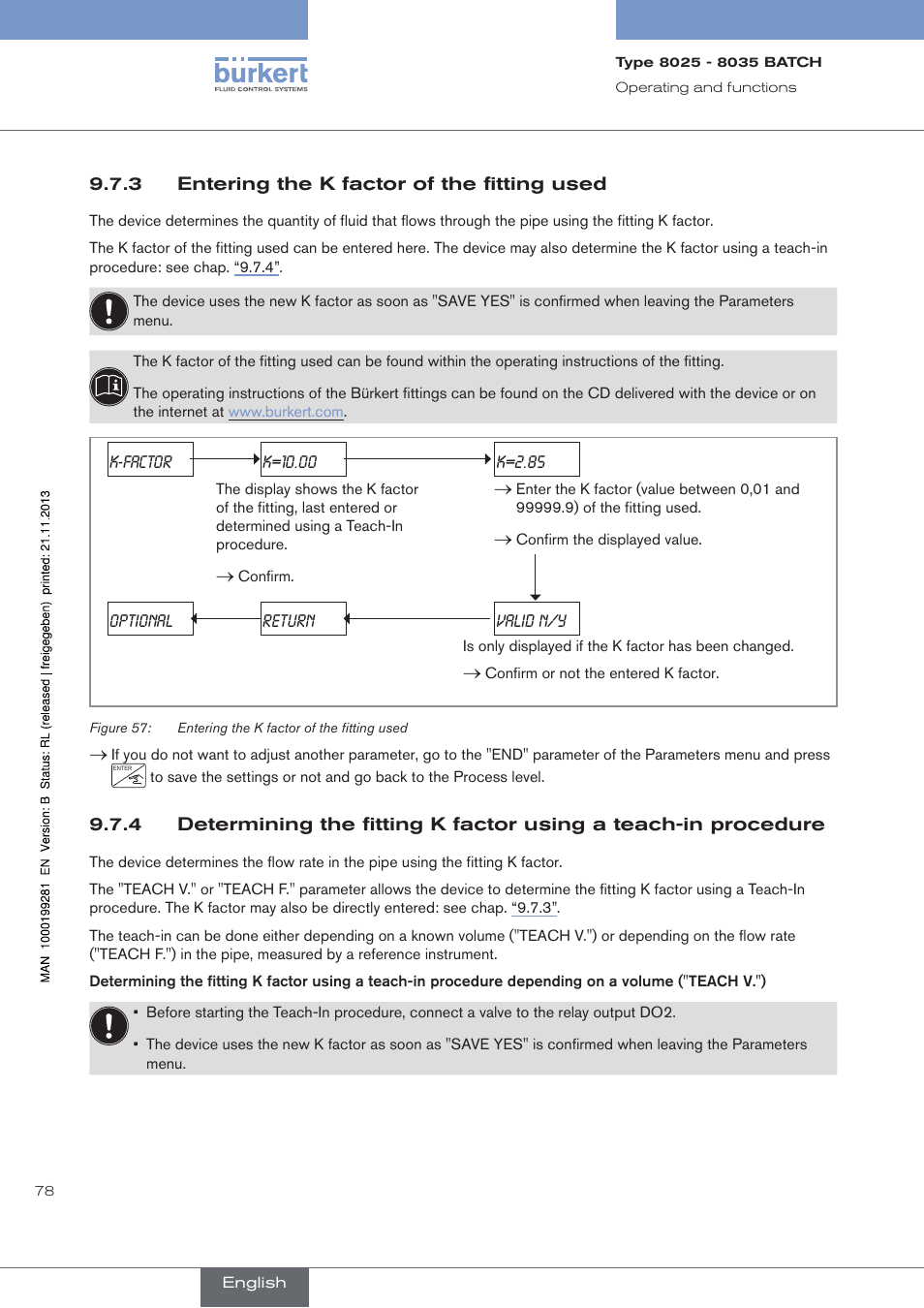 3 entering the k factor of the fitting used, Entering the k factor of the fitting used | Burkert Type 8035 User Manual | Page 80 / 130