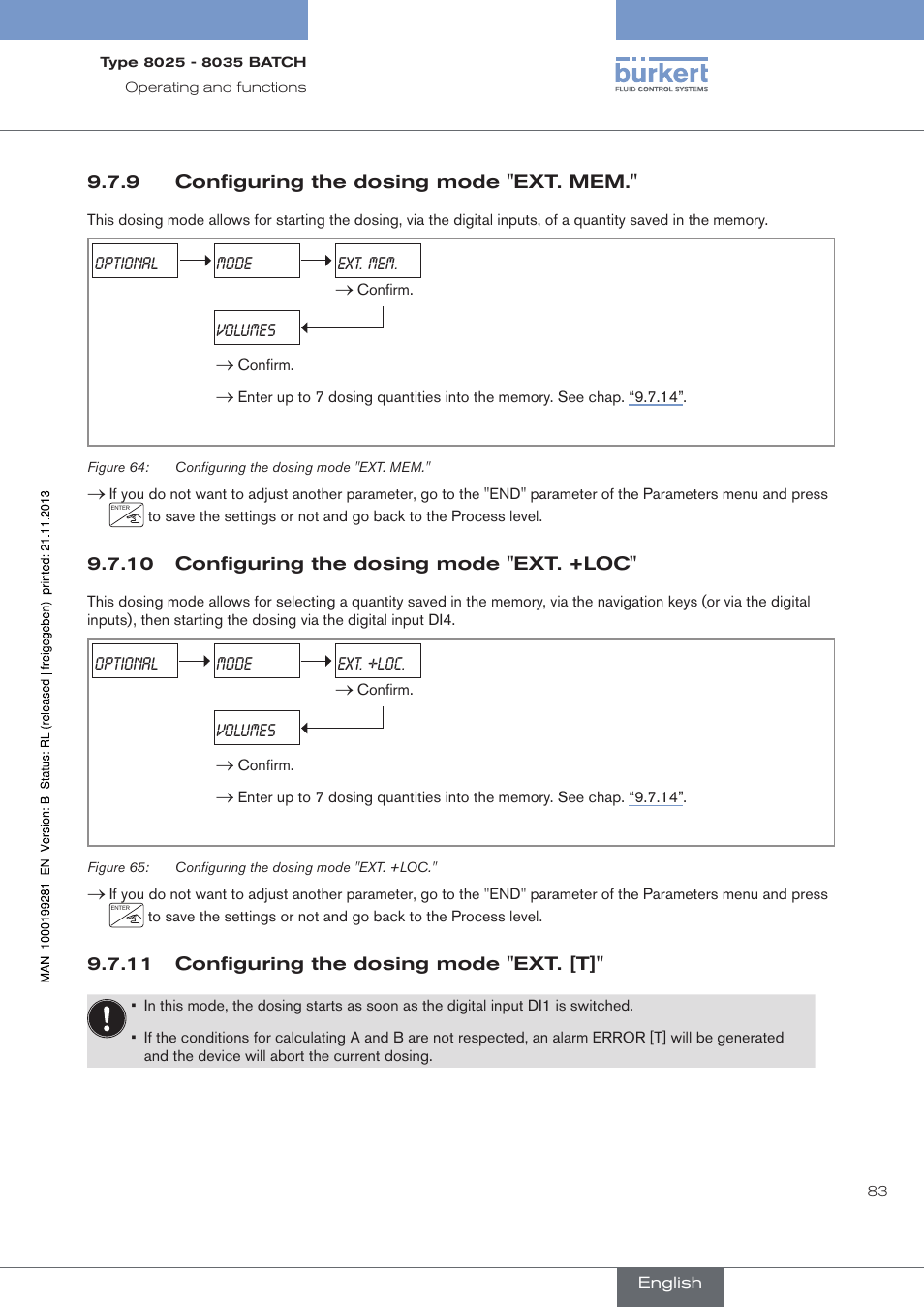 9 configuring the dosing mode "ext. mem, 10 configuring the dosing mode "ext. +loc, 11 configuring the dosing mode "ext. [t | Configuring the dosing mode "ext. mem, Configuring the dosing mode "ext. +loc, Configuring the dosing mode "ext. [t | Burkert Type 8035 User Manual | Page 85 / 130