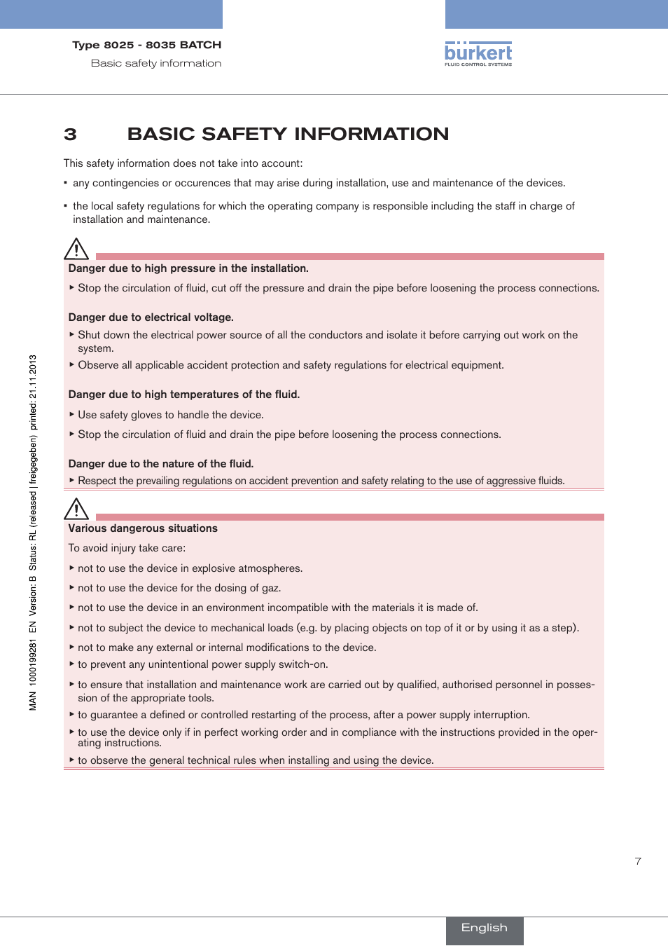 3 basic safety information, Basic safety information, 3basic safety information | Burkert Type 8035 User Manual | Page 9 / 130