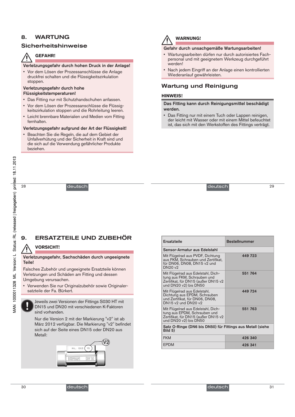 Wartung sicherheitshinweise, Wartung und reinigung, Ersatzteile und zubehör | Burkert Type S030 User Manual | Page 17 / 27