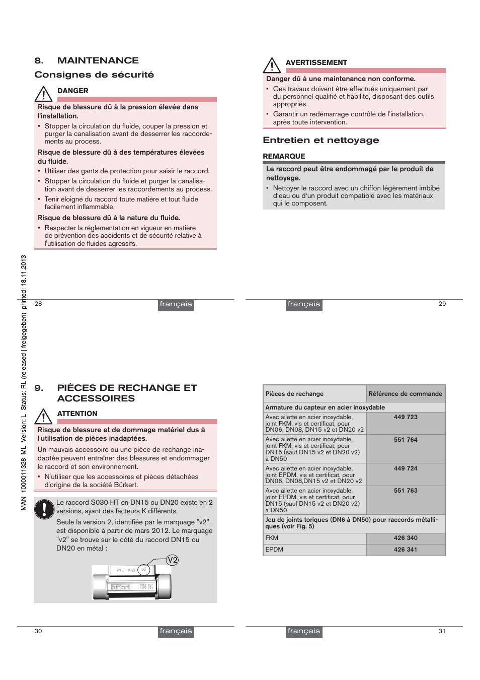 Maintenance consignes de sécurité, Entretien et nettoyage, Pièces de rechange et accessoires | Burkert Type S030 User Manual | Page 26 / 27