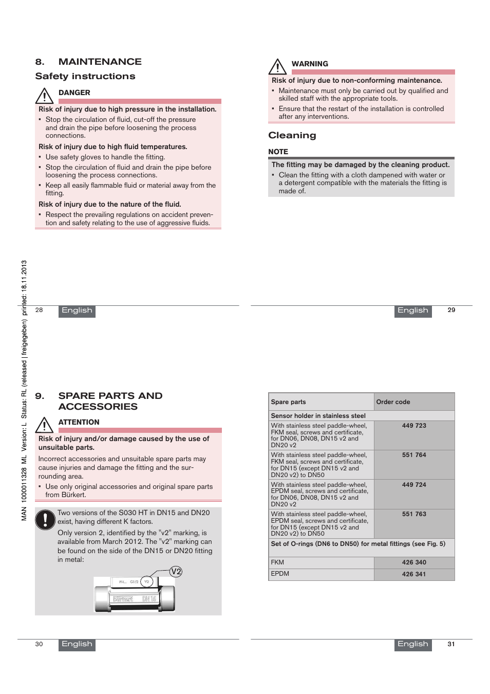 Maintenance safety instructions, Cleaning, Spare parts and accessories | Burkert Type S030 User Manual | Page 8 / 27