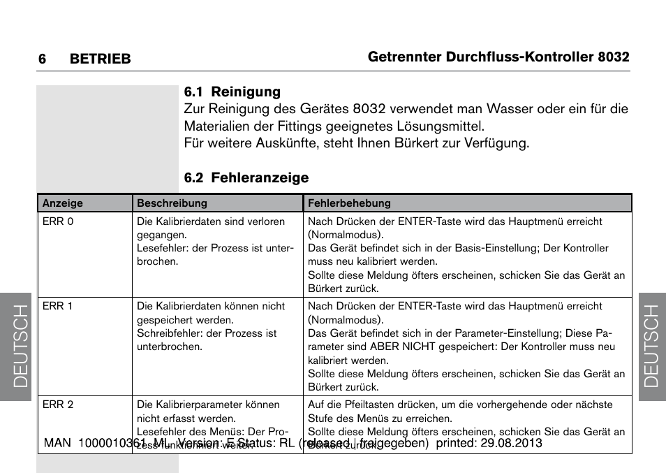 6 betrieb, 1 reinigung, 2 fehleranzeige | 1 reinigung 6.2 fehleranzeige, De ut sch de ut sch | Burkert Type 8032 User Manual | Page 102 / 112