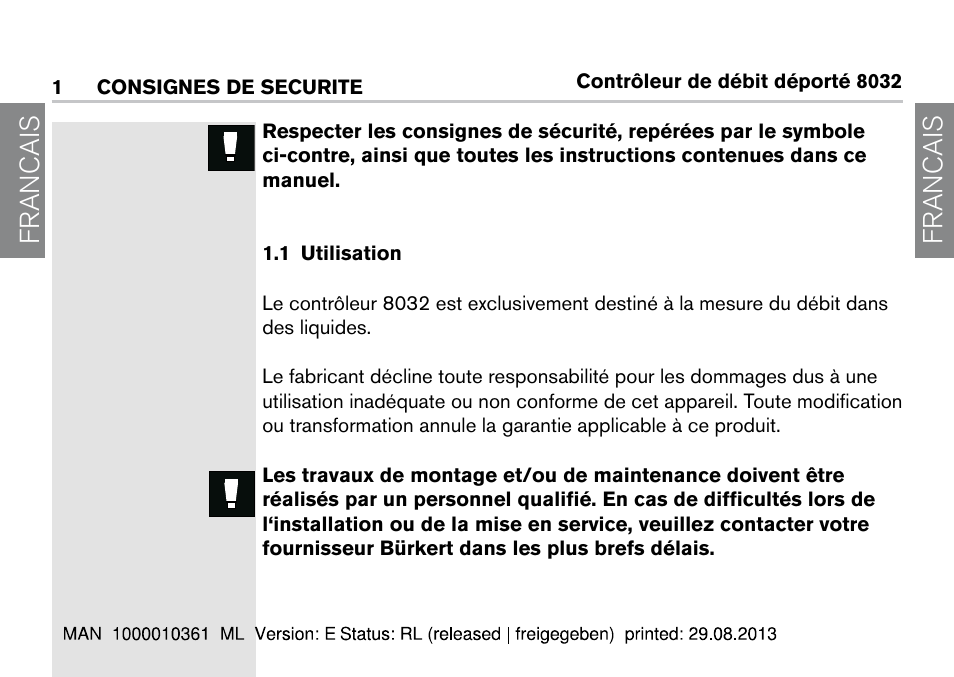 1 consignes de securite, 1 utilisation, Francais | Burkert Type 8032 User Manual | Page 40 / 112