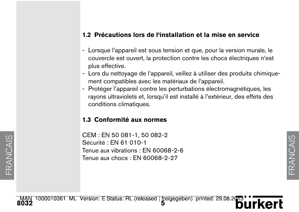 3 conformité aux normes, Francais | Burkert Type 8032 User Manual | Page 41 / 112