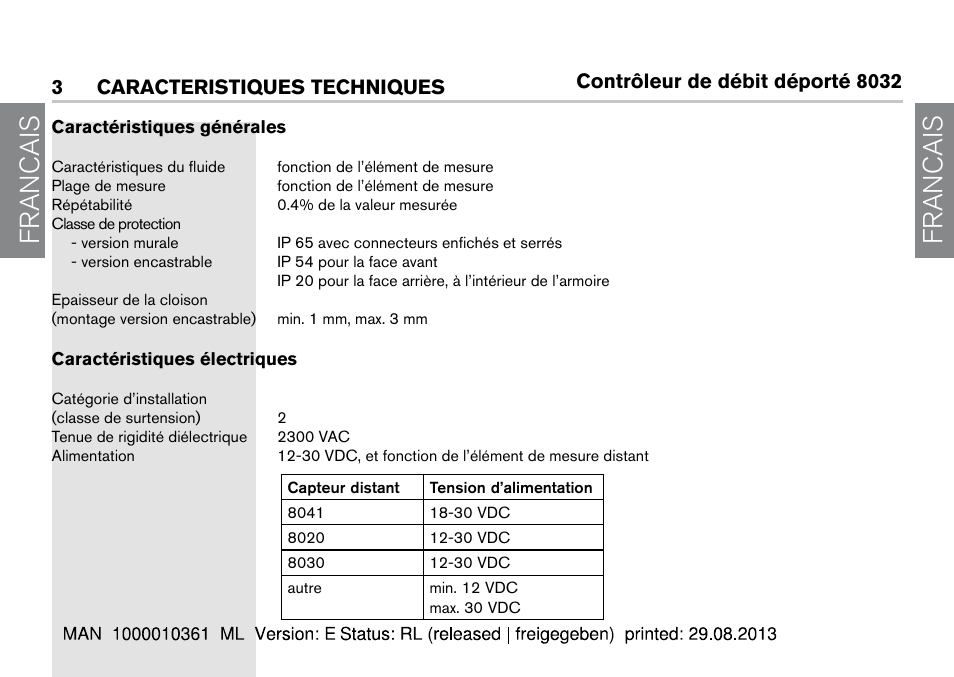 3 caracteristiques techniques, Francais, Contrôleur de débit déporté 8032 | 3caracteristiques techniques | Burkert Type 8032 User Manual | Page 44 / 112