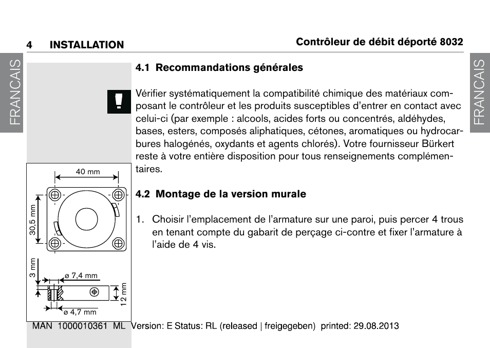 4 installation, 1 recommandations générales, 2 montage de la version murale | Francais | Burkert Type 8032 User Manual | Page 48 / 112