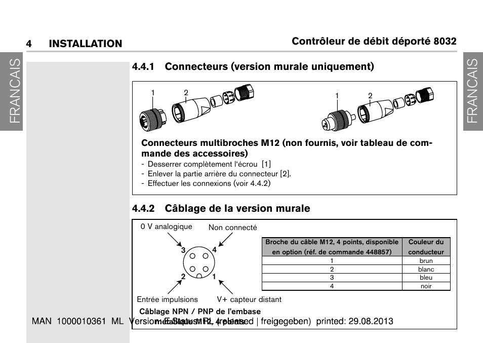 1 connecteurs (version murale uniquement), 2 câblage de la version murale, Francais | Contrôleur de débit déporté 8032 | Burkert Type 8032 User Manual | Page 54 / 112