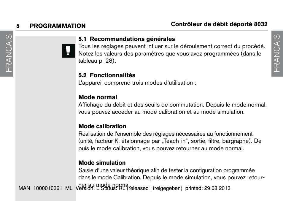 5 programmation, 1 recommandations générales, 2 fonctionnalités | 1 recommandations générales 5.2 fonctionnalités, Francais | Burkert Type 8032 User Manual | Page 58 / 112