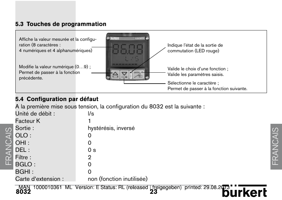 3 touches de programmation, 4 configuration par défaut, Francais | Burkert Type 8032 User Manual | Page 59 / 112