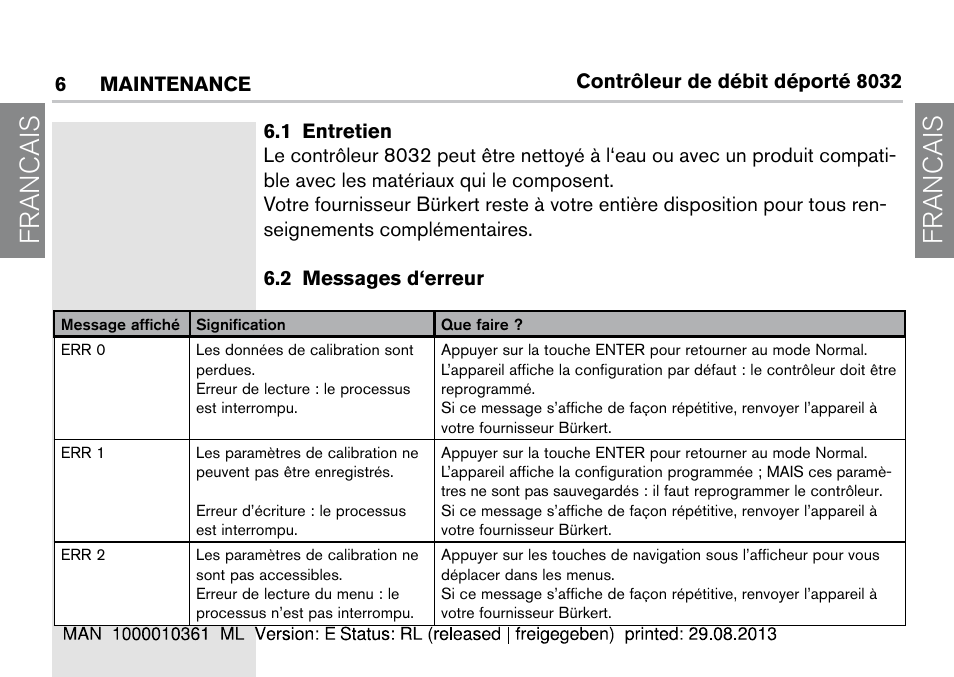 6 maintenance, 1 entretien, 2 messages d‘erreur | 1 entretien 6.2 messages d‘erreur, Francais | Burkert Type 8032 User Manual | Page 66 / 112