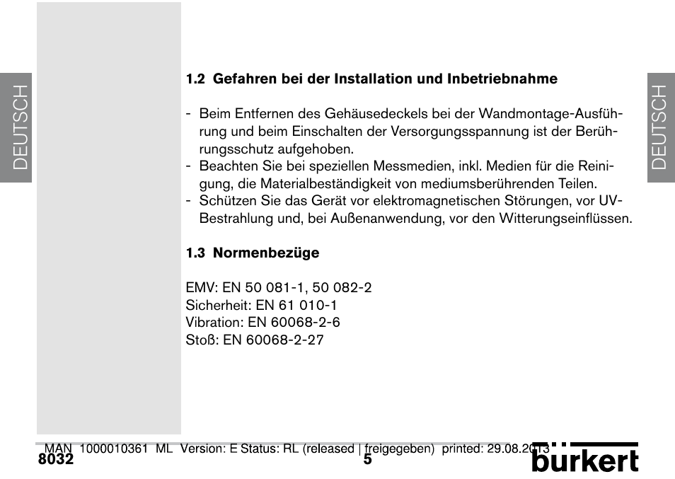 2 gefahren bei der installation und inbetriebnahme, 3 normenbezüge, De ut sch de ut sch | Burkert Type 8032 User Manual | Page 77 / 112