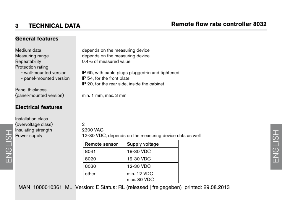 English, Remote flow rate controller 8032, 3technical data | Burkert Type 8032 User Manual | Page 8 / 112