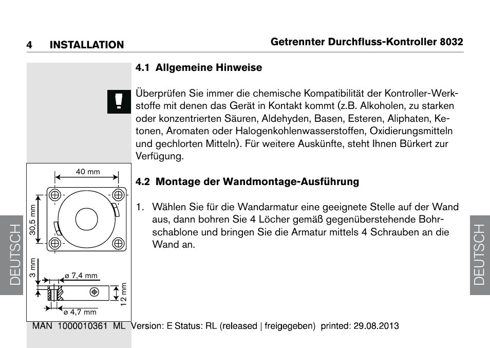 4 installation, 1 allgemeine hinweise, 2 montage der wandmontage-ausführung | De ut sch de ut sch | Burkert Type 8032 User Manual | Page 84 / 112