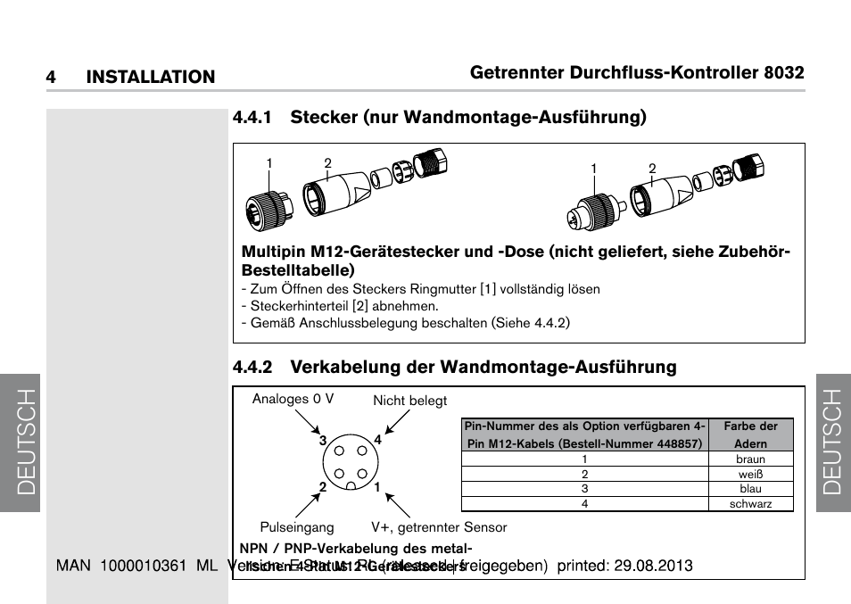 1 stecker (nur wandmontage-ausführung), 2 verkabelung der wandmontage-ausführung, De ut sch de ut sch | Burkert Type 8032 User Manual | Page 90 / 112