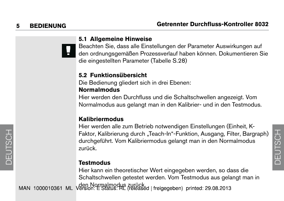 5 bedienung, 1 allgemeine hinweise, 2 funktionsübersicht | 1 allgemeine hinweise 5.2 funktionsübersicht, De ut sch de ut sch | Burkert Type 8032 User Manual | Page 94 / 112