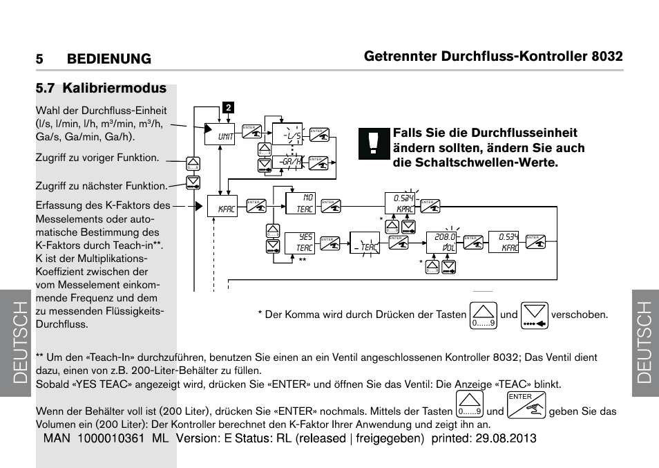 7 kalibriermodus, De ut sch de ut sch, Getrennter durchfluss-kontroller 8032 | Bedienung . kalibriermodus, Wahl der durchfluss-einheit (l/s, l/min, l/h, m, Min, m, Und verschoben | Burkert Type 8032 User Manual | Page 98 / 112