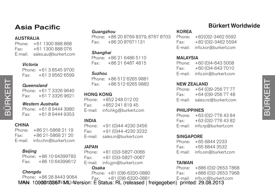 Bürker t bürker t, Asia pacific, Bürkert worldwide | Burkert Type S039 User Manual | Page 110 / 112