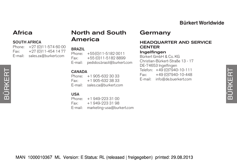 Bürker t bürker t, Africa, North and south america | Germany | Burkert Type S039 User Manual | Page 111 / 112