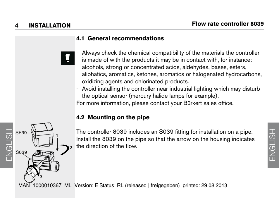 4 installation, 1 general recommendations, 2 mounting on the pipe | 1 general recommendations 4.2 mounting on the pipe, English | Burkert Type S039 User Manual | Page 12 / 112