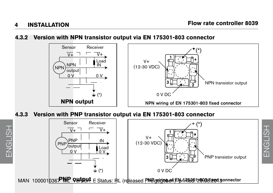English, Flow rate controller 8039, Pnp output | Burkert Type S039 User Manual | Page 14 / 112