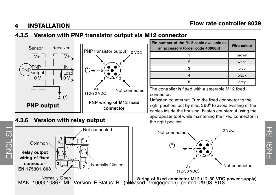 6 version with relay output, English, Flow rate controller 8039 | Pnp output, 4 installation | Burkert Type S039 User Manual | Page 16 / 112