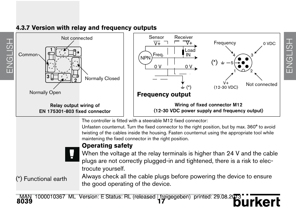 7 version with relay and frequency outputs, English, Functional earth frequency output | Burkert Type S039 User Manual | Page 17 / 112